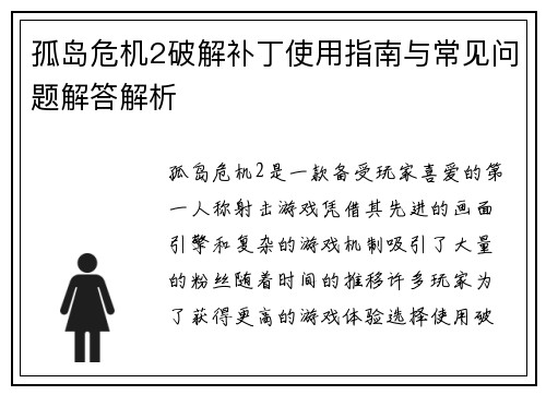孤岛危机2破解补丁使用指南与常见问题解答解析